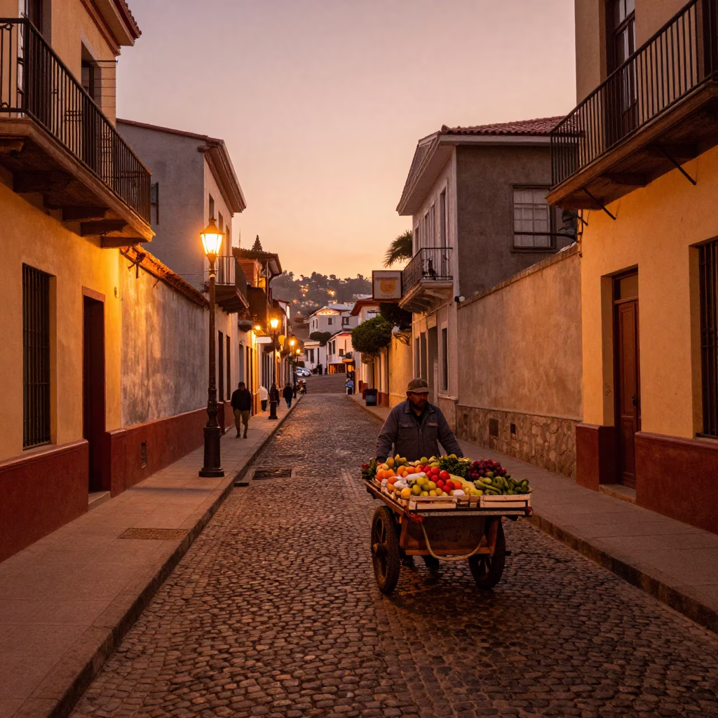 Copper-Toned Street Scene in Valparaiso Chile with Rolling Carts and Lanterns in in Valparaiso, Chile