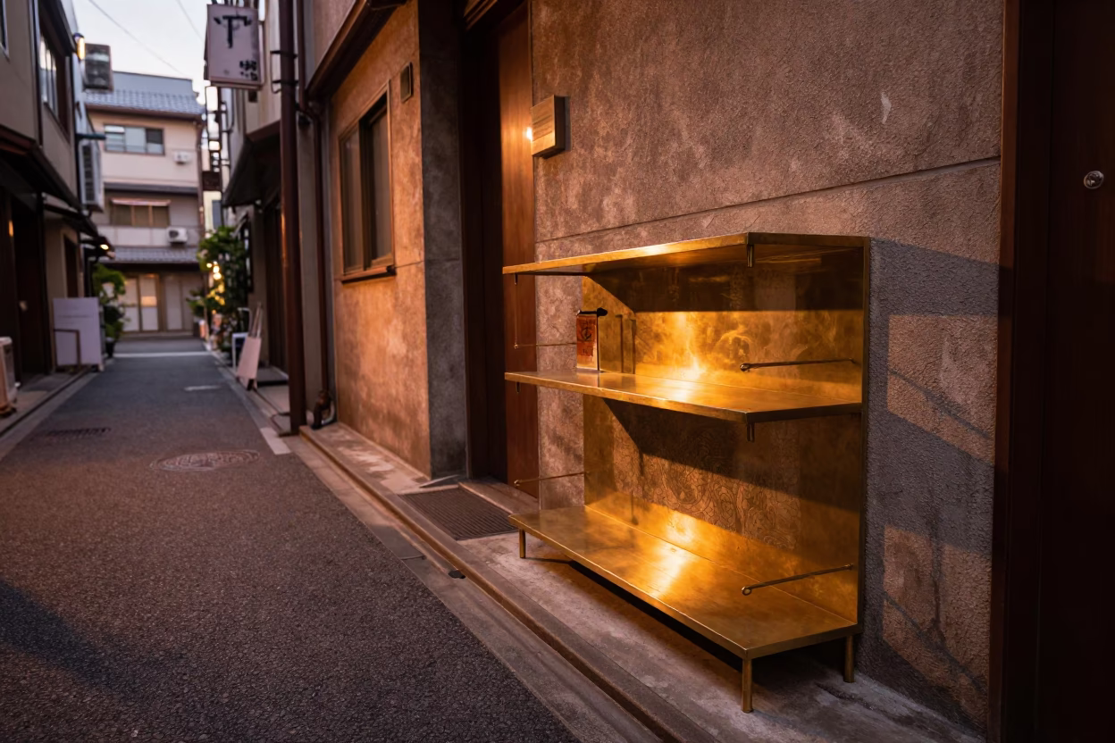 Copper Toned Tokyo Dusk Street Scene with Brass Shelf and Fountain Pen in in Tokyo, Japan