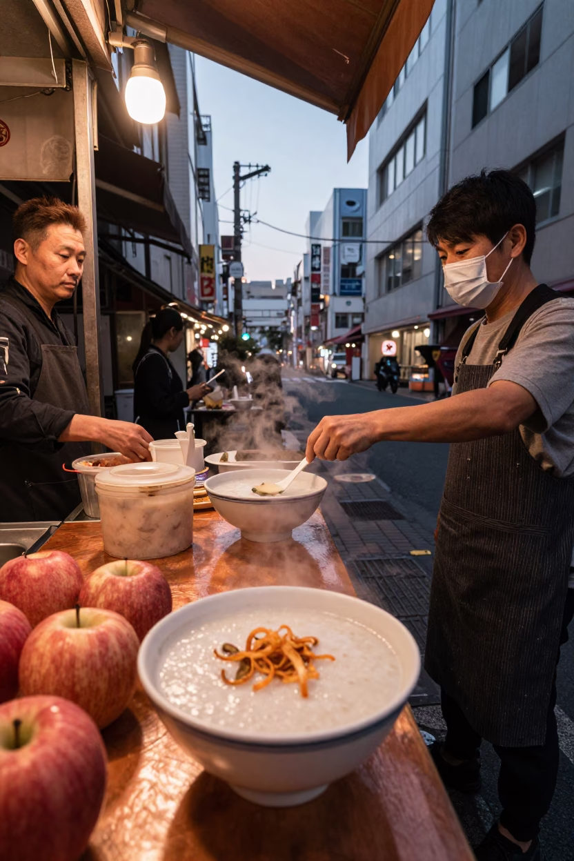 Copper-toned Tokyo dusk street scene with congee and apples in in Tokyo, Japan