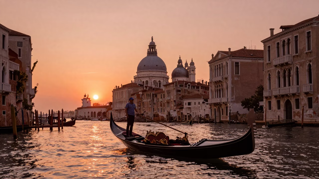 Copper-toned Venetian dusk scene with gondola and historic canal architecture in in Venice, Italy