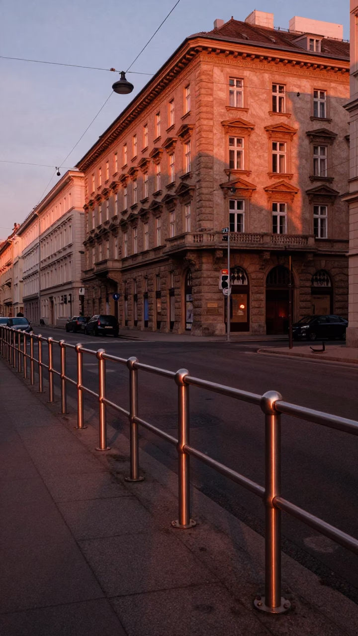 Copper Toned Vienna Dusk Street Scene with Brushed Steel Rail and Scarf in in Vienna, Austria