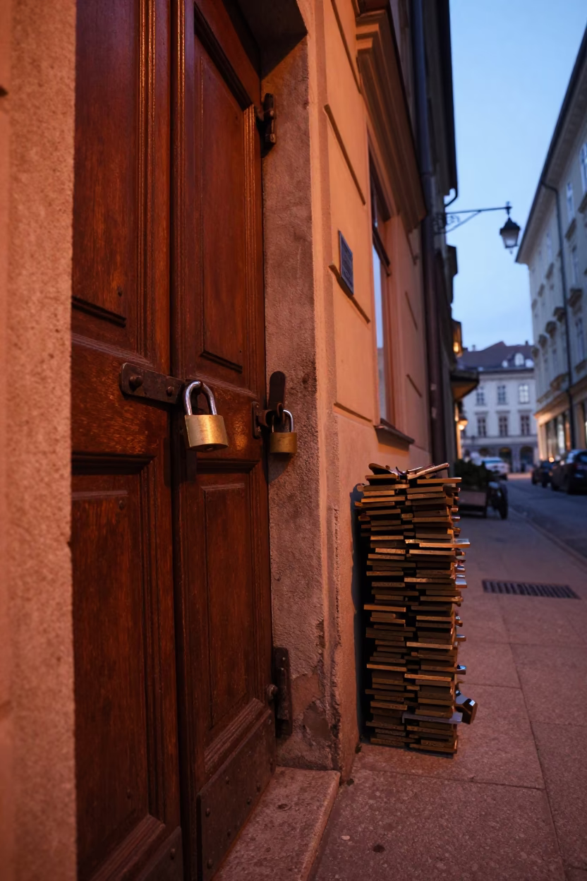 Copper-toned Vienna Dusk Street Scene with Padlock and Stacked Plates in in Vienna, Austria