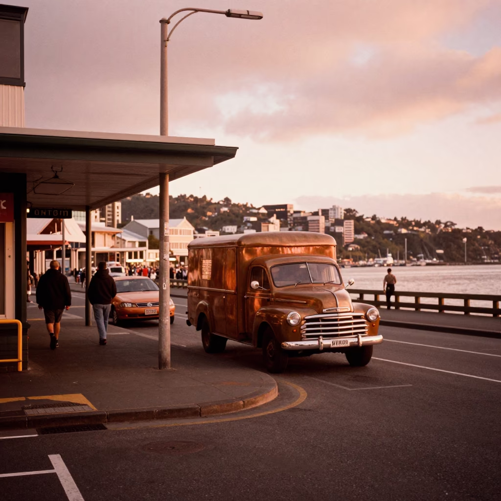 Copper Toned Wellington Street Scene with Vintage Elements Before Dusk in in Wellington, New Zealand