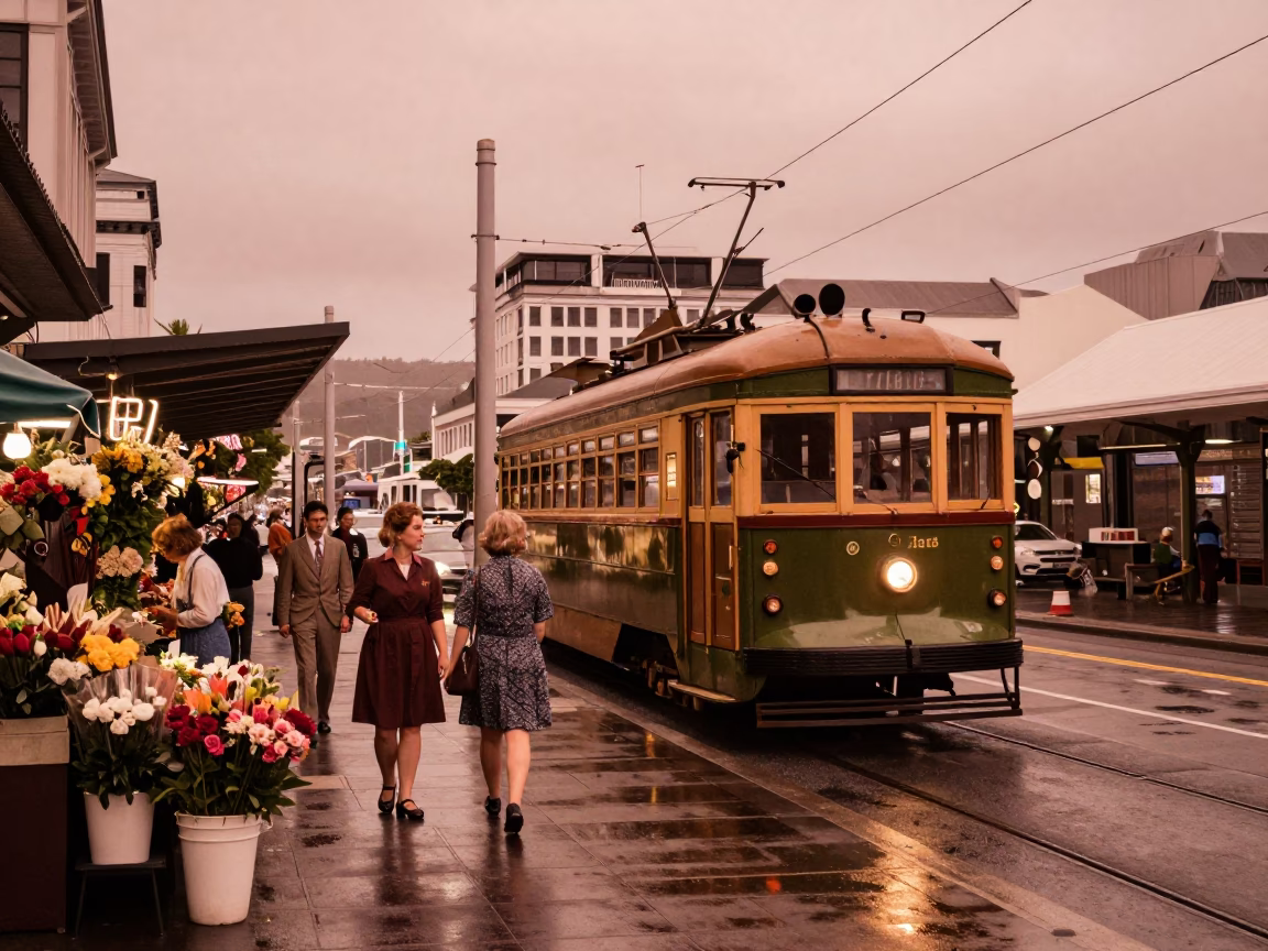 Copper Toned Wellington Twilight Tram Stop Flower Market Scene in in Wellington, New Zealand
