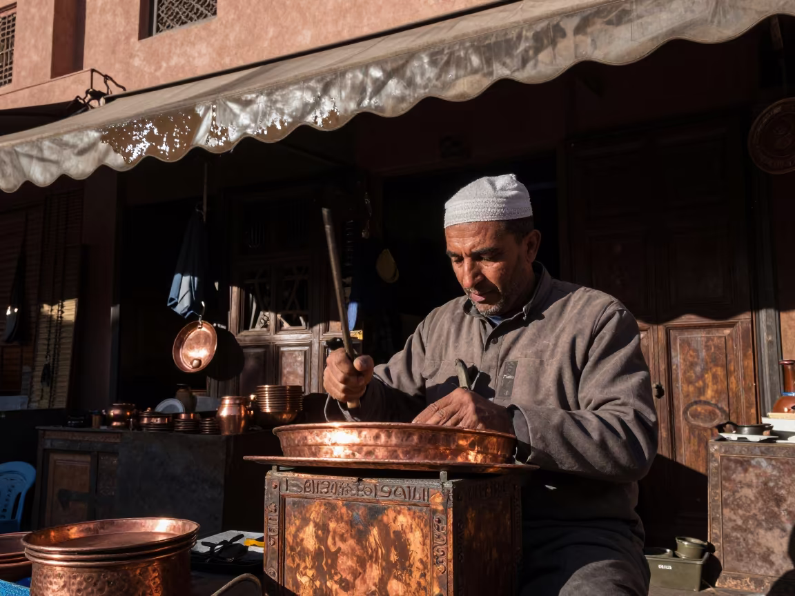 Copper Tray Hammering in Marrakech Flea Market in in a flea market lane in Marrakech