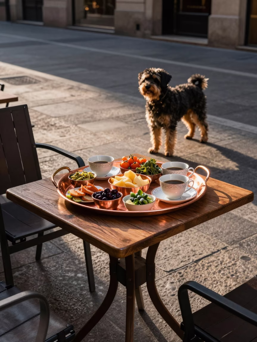 Copper Tray Mezze and Teacups in Bilbao Spain Before Dusk in in Bilbao, Spain