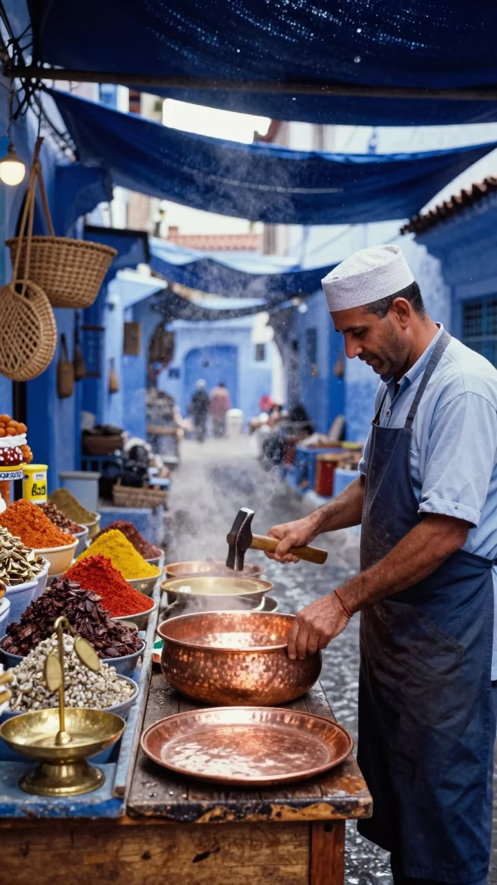 Copper Tray Shaping in Chefchaouen Souk in at a spice vendor's table in Chefchaouen