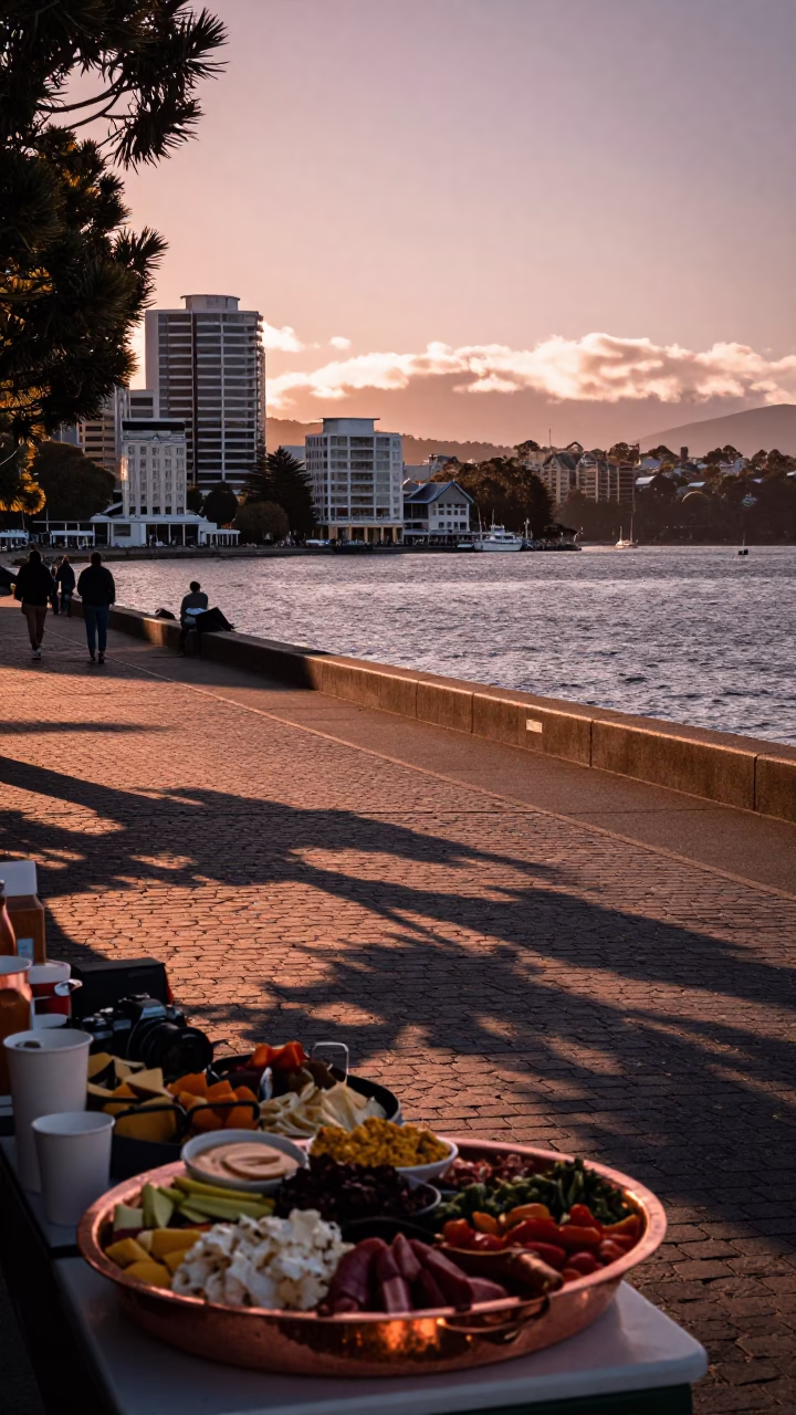 Copper Twilight Over Hobart's Waterfront with Wicker Shadows on Copper Tray in in Hobart, Tasmania, Australia