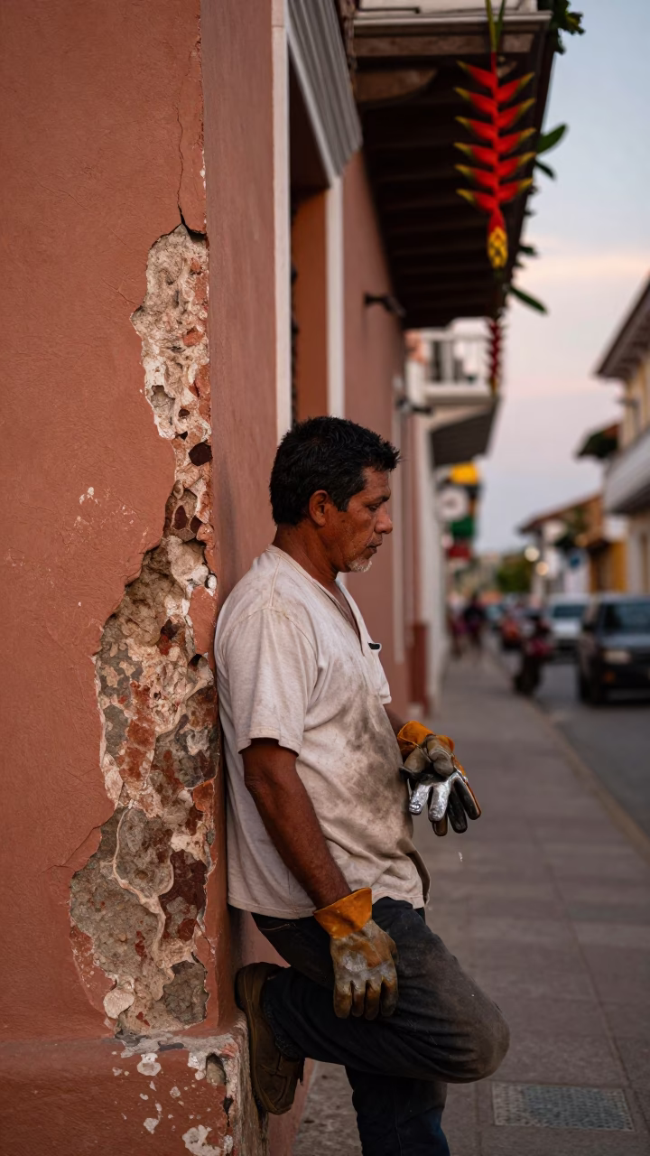 Copper Twilight Street Scene in Cartagena Colombia with Heliconia and Work Gloves in in Cartagena, Colombia