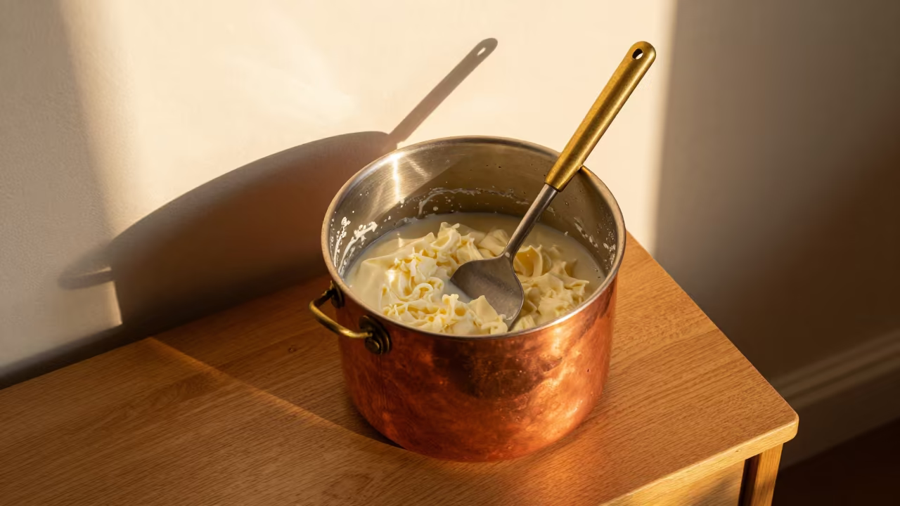 Copper Vat Cheesemaker Stirring Curds on Desk in on a writing desk in Worcester