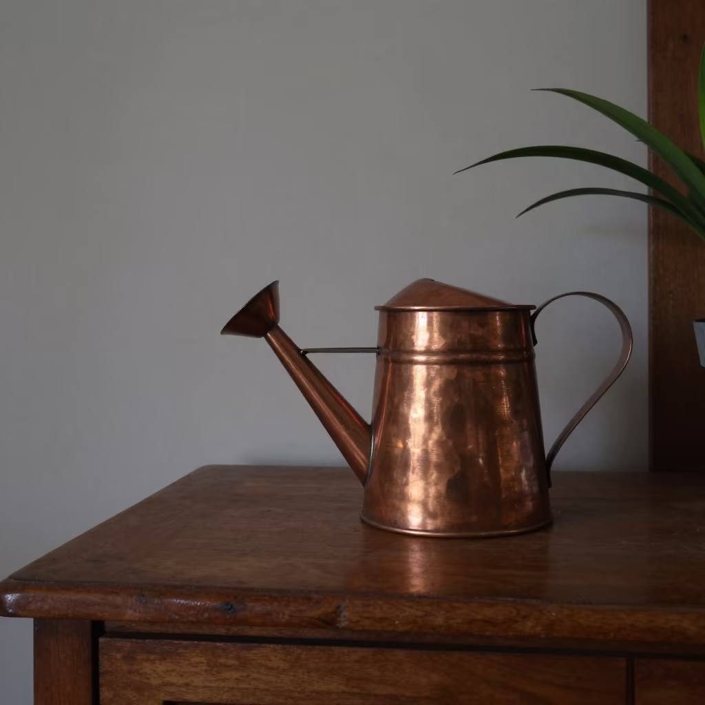 Copper Watering Can on Bedside Table Before Dawn in on a bedside table near Deoghar