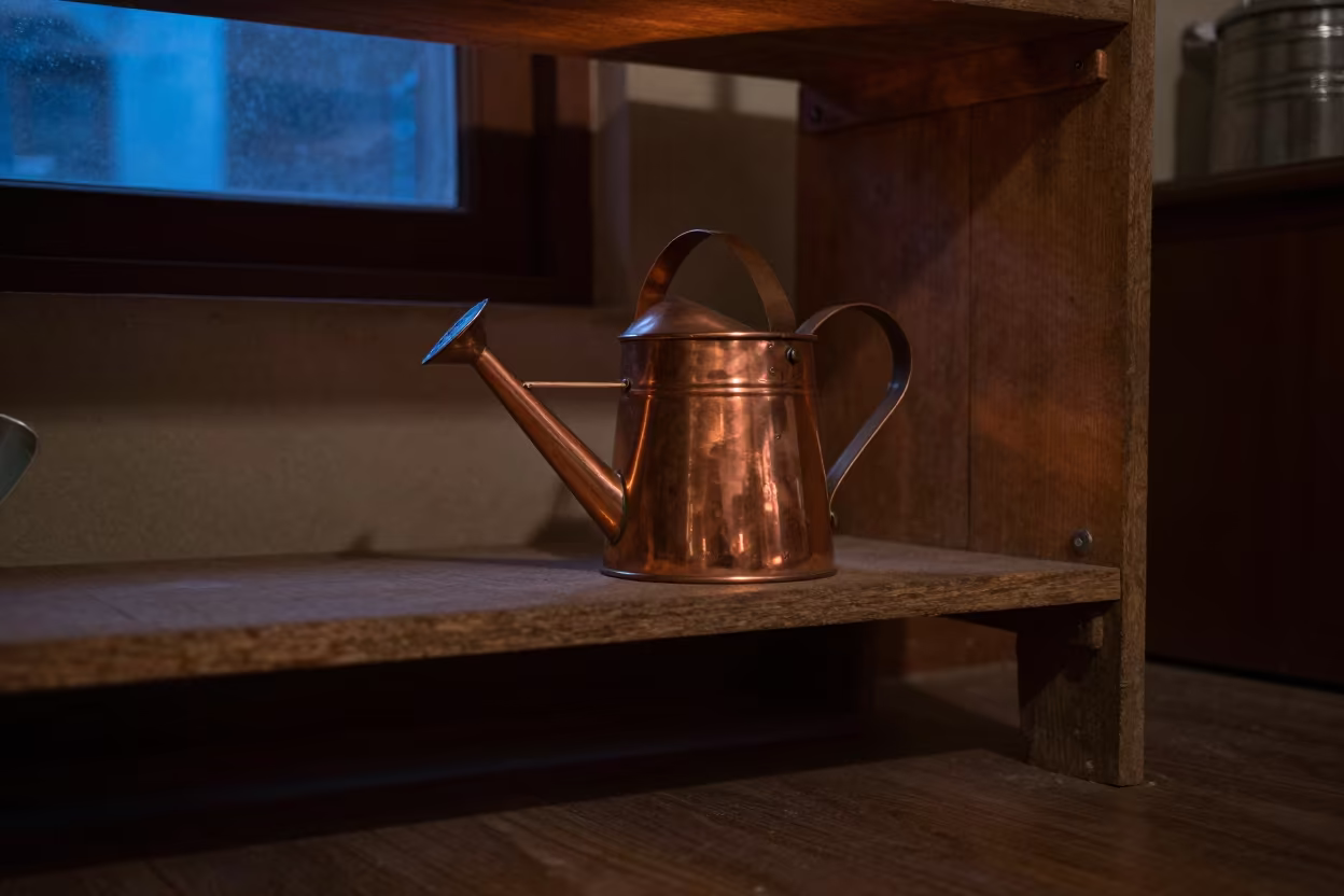 Copper Watering Can on Workshop Shelf in on a workshop shelf in Kanpur