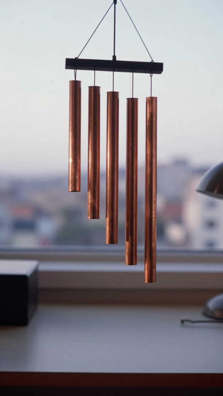 Copper Wind Chimes on Barcelona Desk in on a writing desk in Barcelona