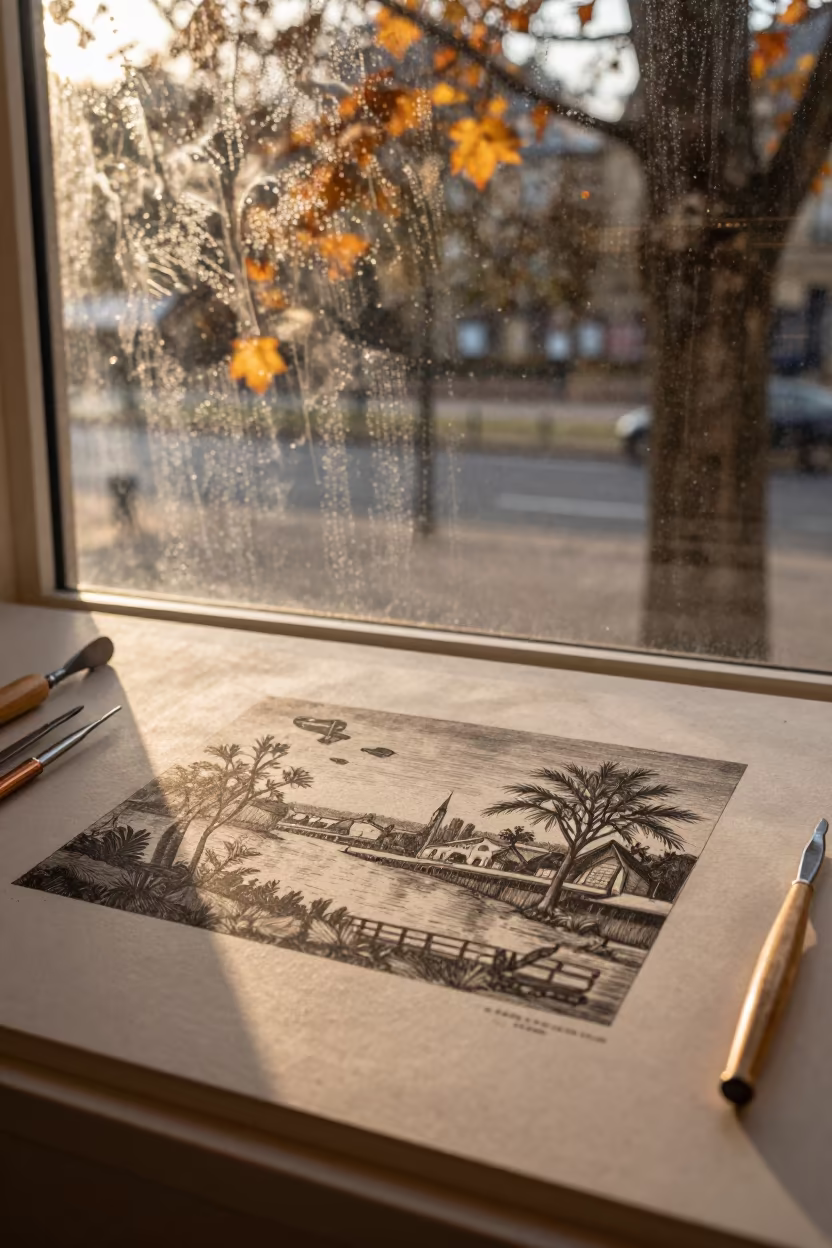 Copperplate Tools Beside Print in Bordeaux in on a museum plinth in Bordeaux