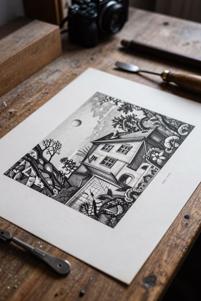 Copperplate Tools Beside Half-Finished Print in on a dusty library table in Almere