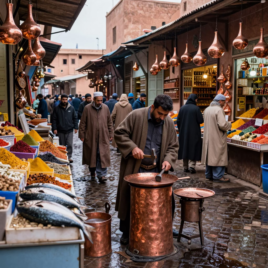 Coppersmith Hammering Copper Tray Beside Fish Counter in beside a fish counter in Jemaa el-Fna, Marrakech