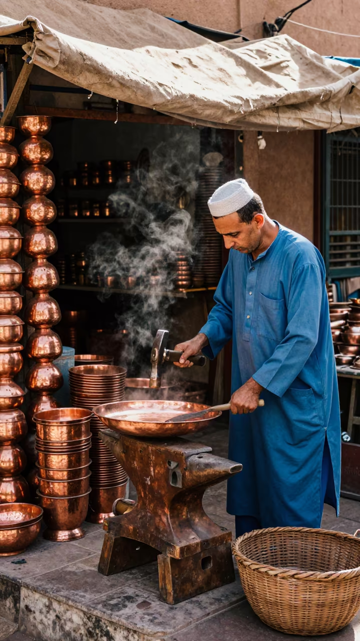 Coppersmith Hammering Tray in Fez Souk Stall in at a market stall in Fez el-Jdid, Fez