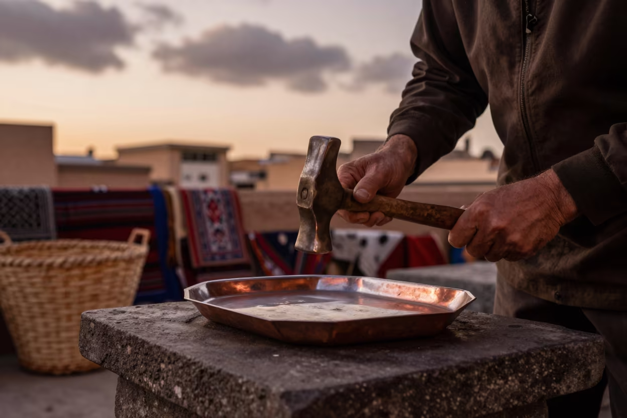 Coppersmith Hammering Tray in Fez Souk in at a flower auction bench in Fez