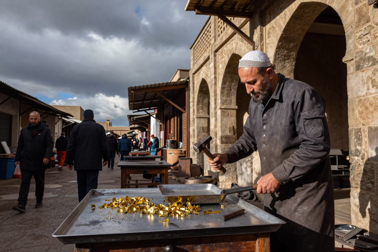 Coppersmith Hammering Tray in Fez Tanneries Souk in in a flea market lane in Tanneries, Fez