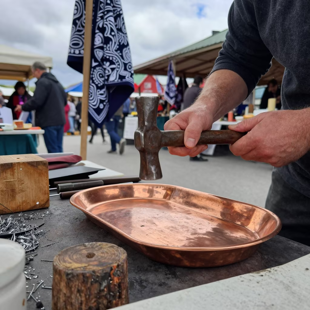 Coppersmith Hammering Tray in Sandvika Bazaar in at a textile trader's stall in Sandvika