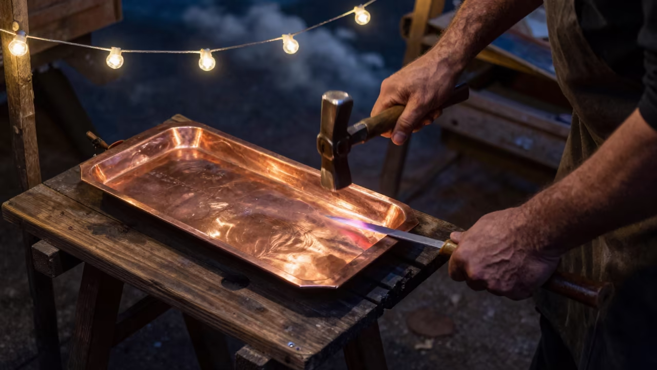 Coppersmith Hammering Tray in Tokat Night Market in at a flower auction bench in Tokat