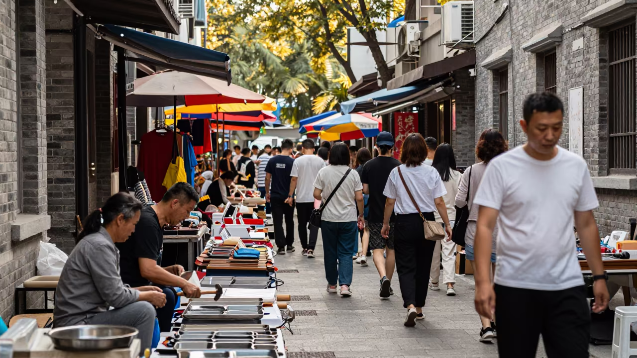 Coppersmith Hammering Tray in Shanghai Xintiandi in in a flea market lane in Xintiandi, Shanghai