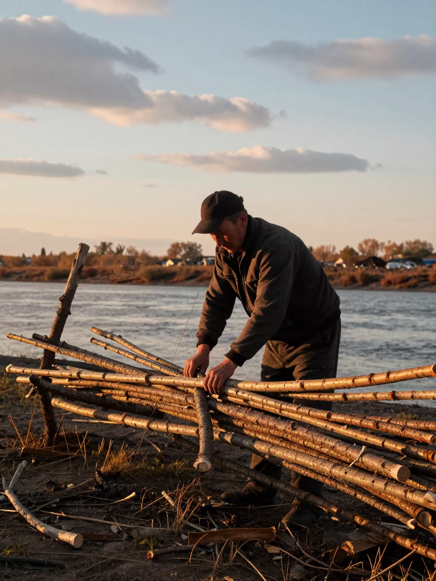 Coppice Worker Splits Hazel Rods at Aktobe River in near a riverside landing in Aktobe