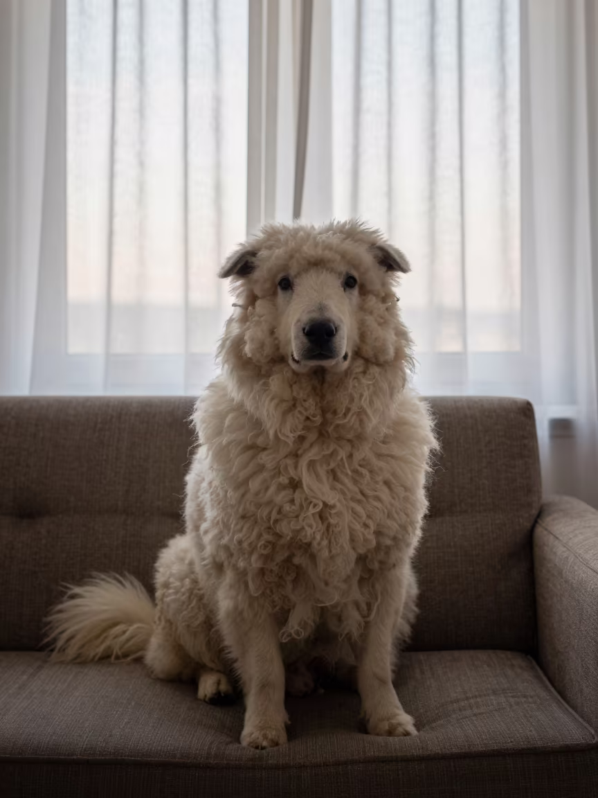 Coptic Cairo Bergamasco Portrait on Sofa in on a sofa near a curtained window with calm indoor light near Coptic Cairo, Cairo