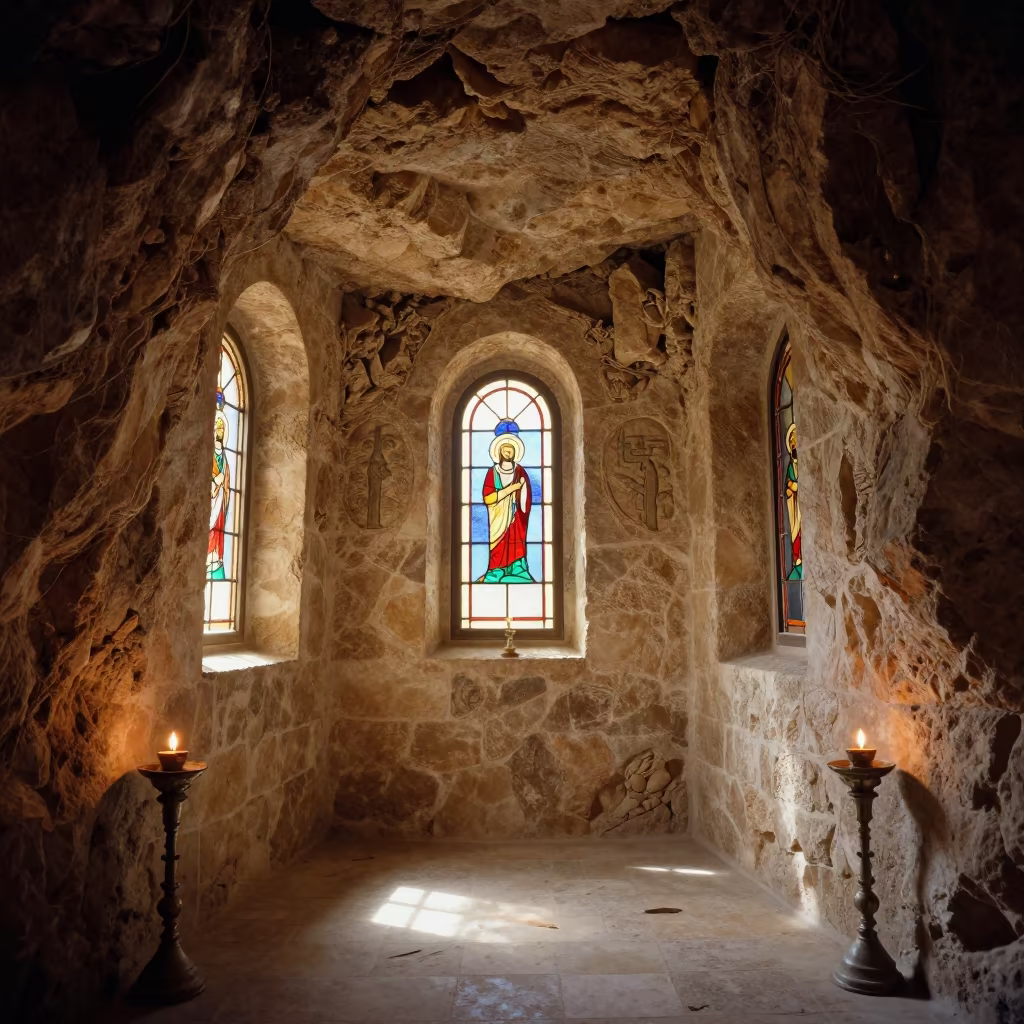 Coptic Church Rock Carving in Ramat Gan Chapel in in a chapel lit by stained glass in Ramat Gan