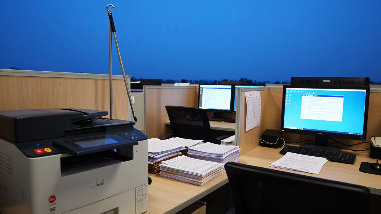 Copy Room Jam Wand Hook Hyderabad Evening in in an operations center under monitor glow in Hyderabad
