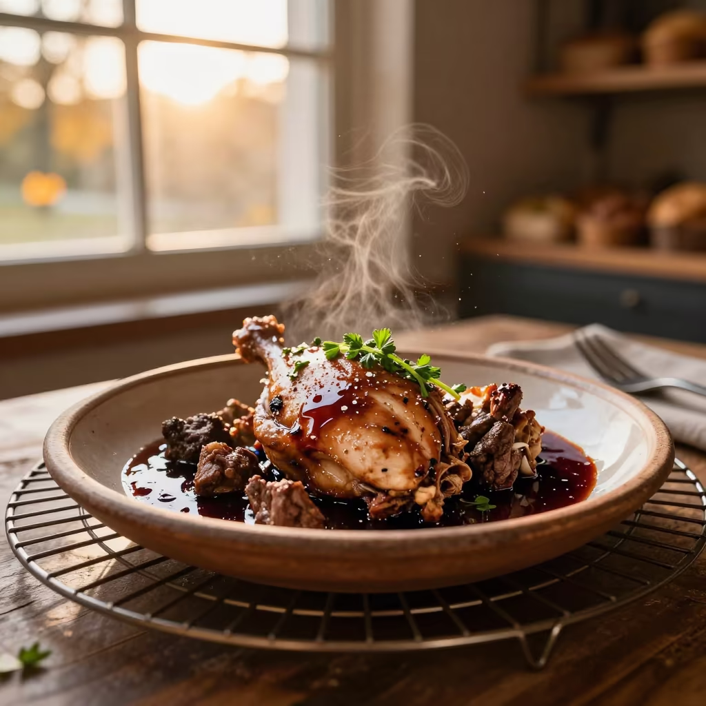 Coq au Vin with Herbs on Cooling Rack in on a bakery cooling rack in Hobart