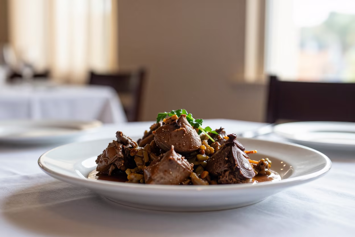 Coq au Vin with Herbs on Linen Table in on a linen-covered restaurant table in Mbuji-Mayi