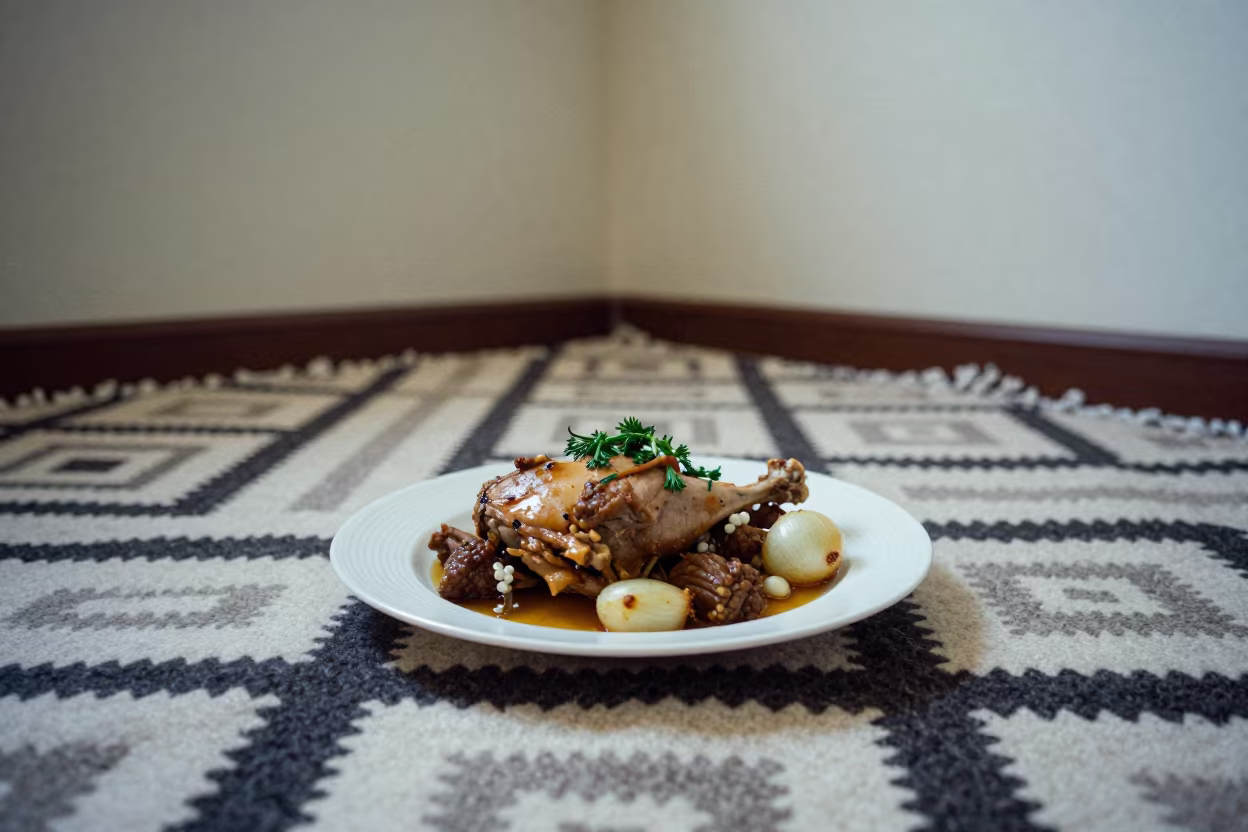 Coq au Vin with Herbs on Picnic Blanket in on a picnic blanket in Kuwait City