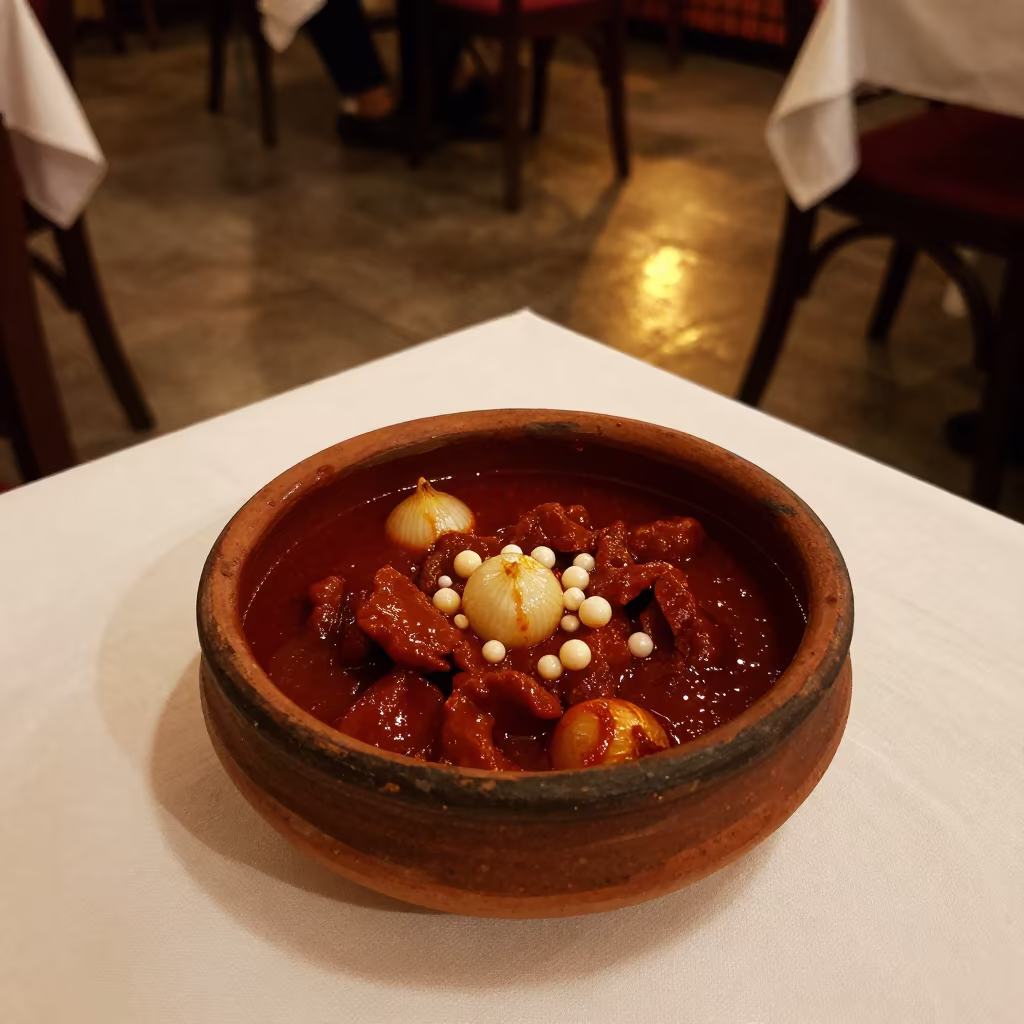 Coq au Vin with Pearl Onions on Linen Table in on a linen-covered restaurant table in Ujjain