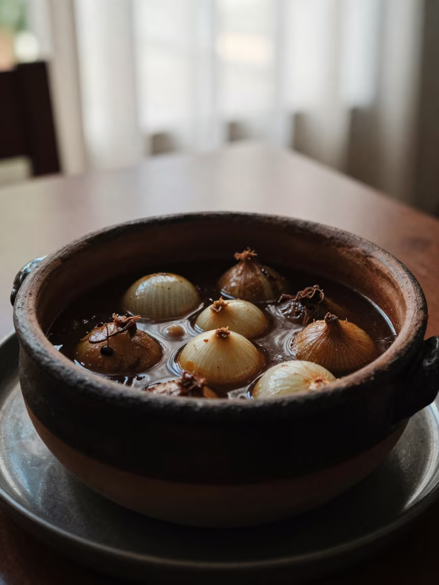 Coq au Vin with Pearl Onions on Tray in on a tea house tray in Santo Domingo