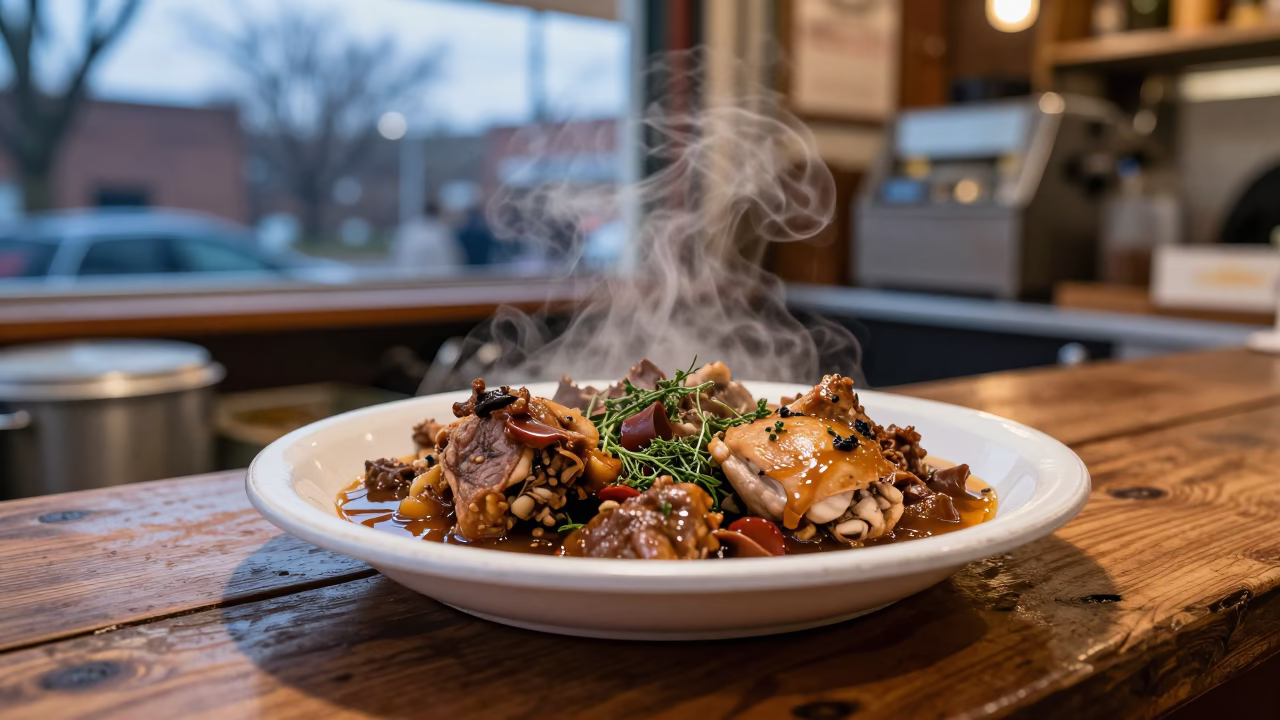 Coq au Vin Plate at DC Market Stall in at a market stall counter in Washington DC