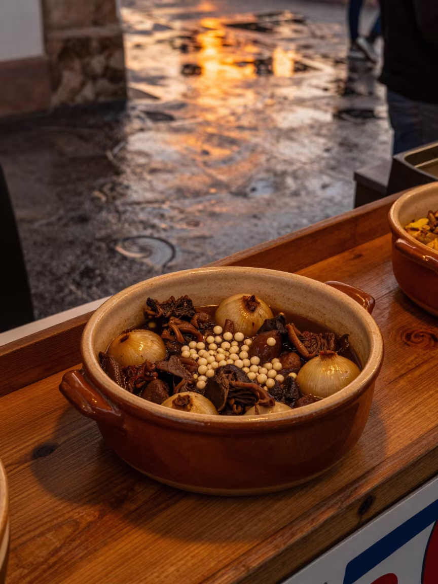 Coq au Vin Pot with Pearl Onions Fresnillo Market in at a market stall counter in Fresnillo