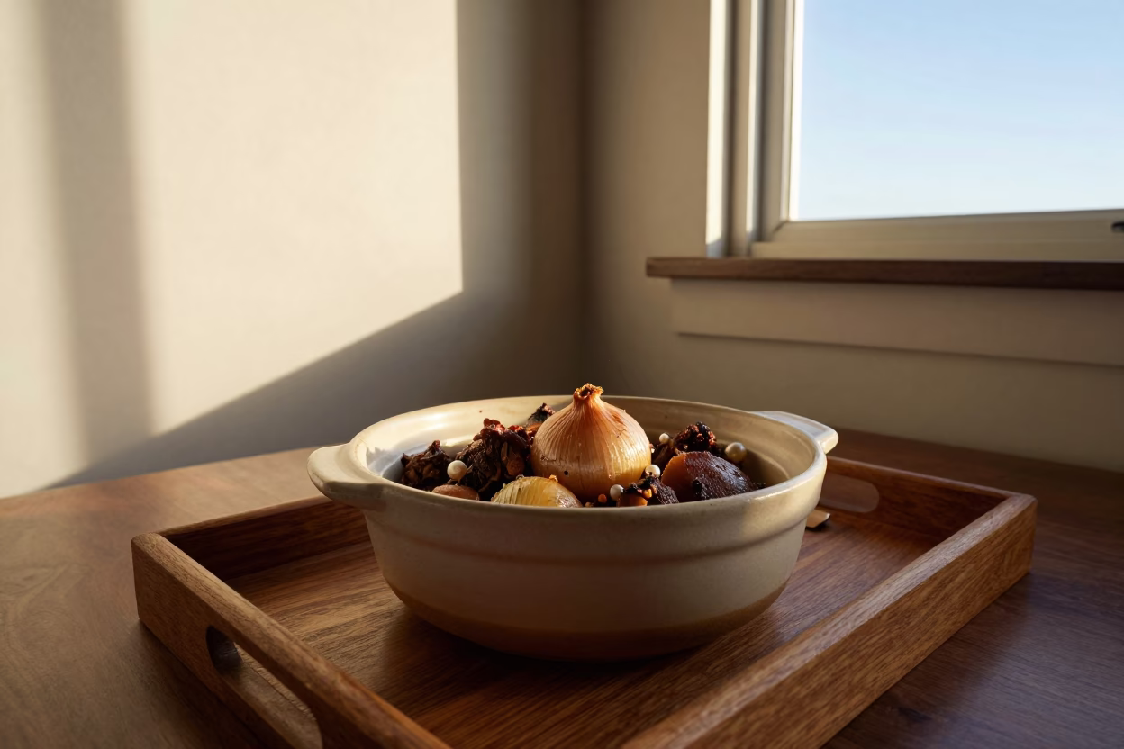 Coq au Vin Pot with Pearl Onions on Tray in on a tea house tray in Camps Bay, Cape Town