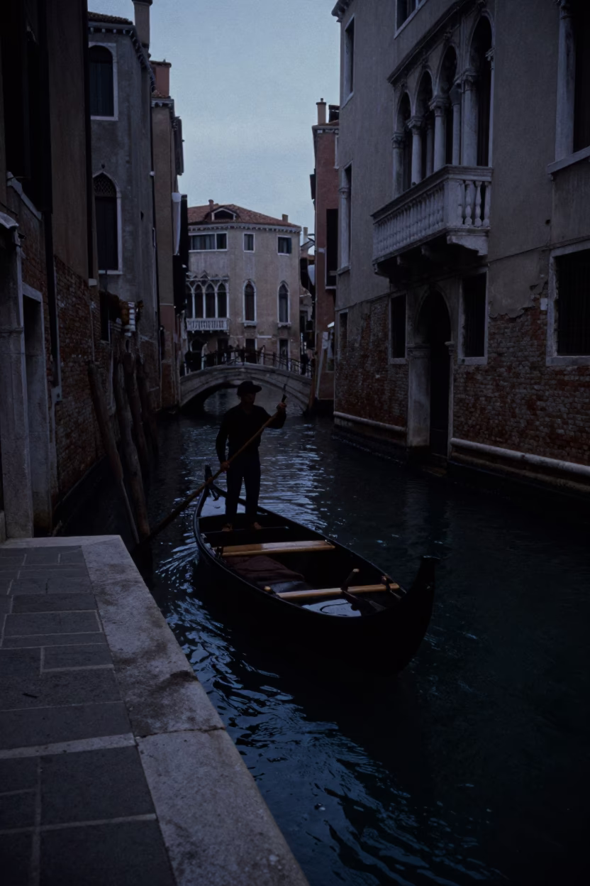 Coracle Fisherman in Venice at The Predawn Darkness Light in in Venice, Italy