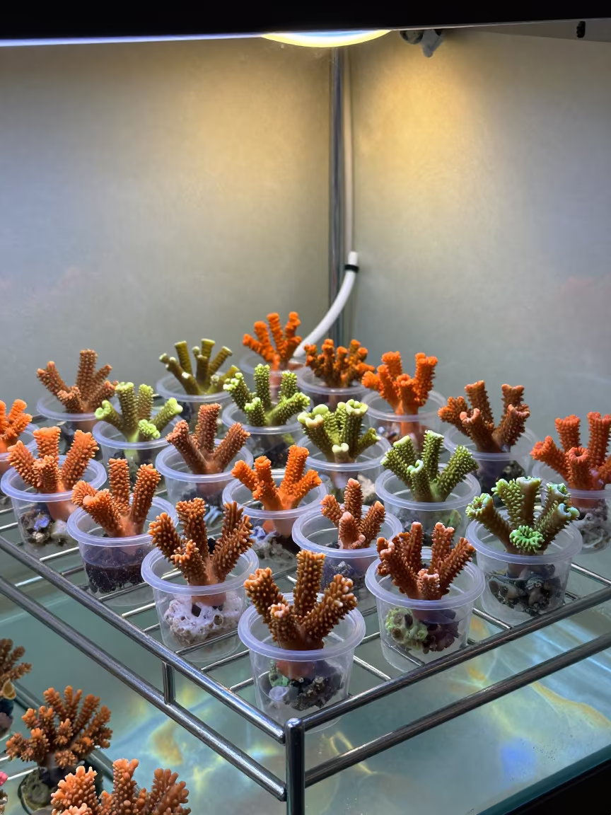 Coral Acclimation Rack in Busan Aquarium Shop in inside an aquarium shop frag room in Busan