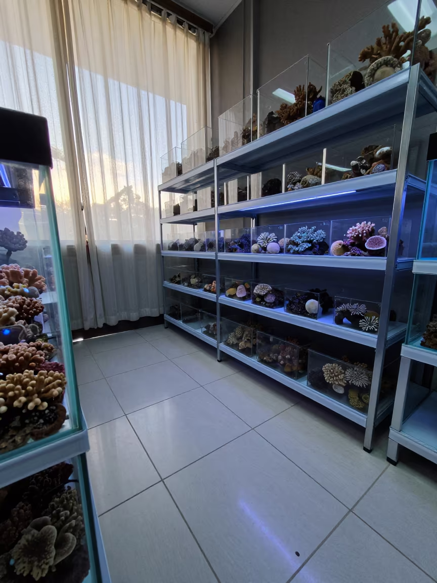 Coral Acclimation Rack Dawn Light Chinatown in inside an aquarium shop frag room in Chinatown, Honolulu