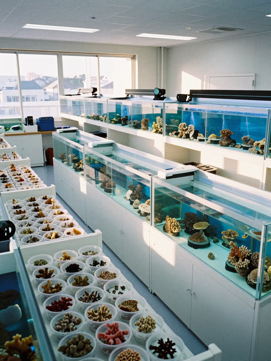Coral Acclimation Rack in Fukuoka Service Room in inside a marine aquarium service room in Fukuoka