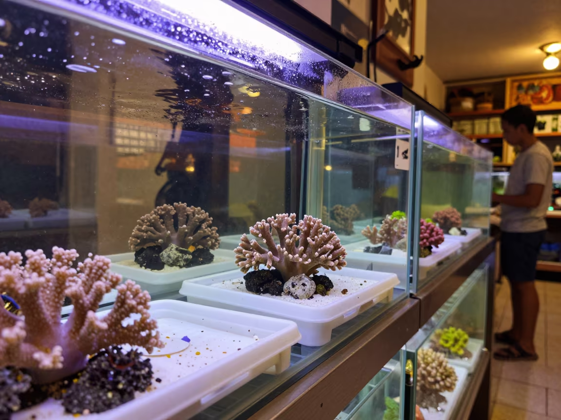 Coral Acclimation Rack in Havana Aquarium Store in at a coral acclimation bench in a saltwater aquarium store near Havana