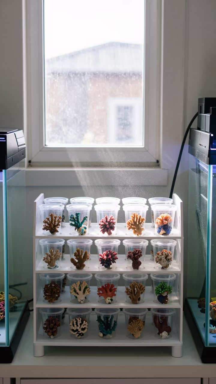Coral Acclimation Rack in North Light in inside an aquarium shop frag room in Vila Nova de Gaia, Porto