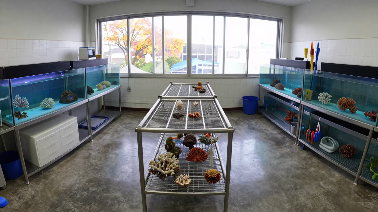 Coral Acclimation Rack in Osaka Service Room in inside a marine aquarium service room in Osaka