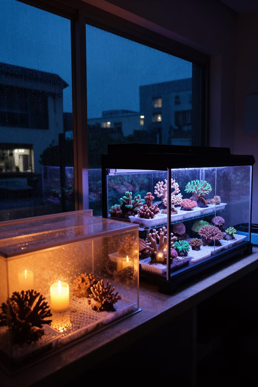 Coral Acclimation Rack in Salvador Monsoon in at a coral holding rack beside a fish bagging counter in Salvador