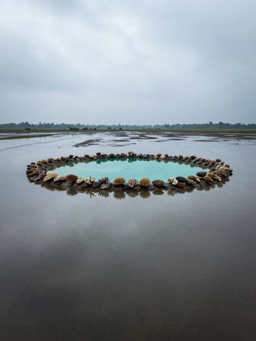 Coral Atoll Reflected in Rainy West Bengal Floodplain in across a floodplain after rain in West Bengal