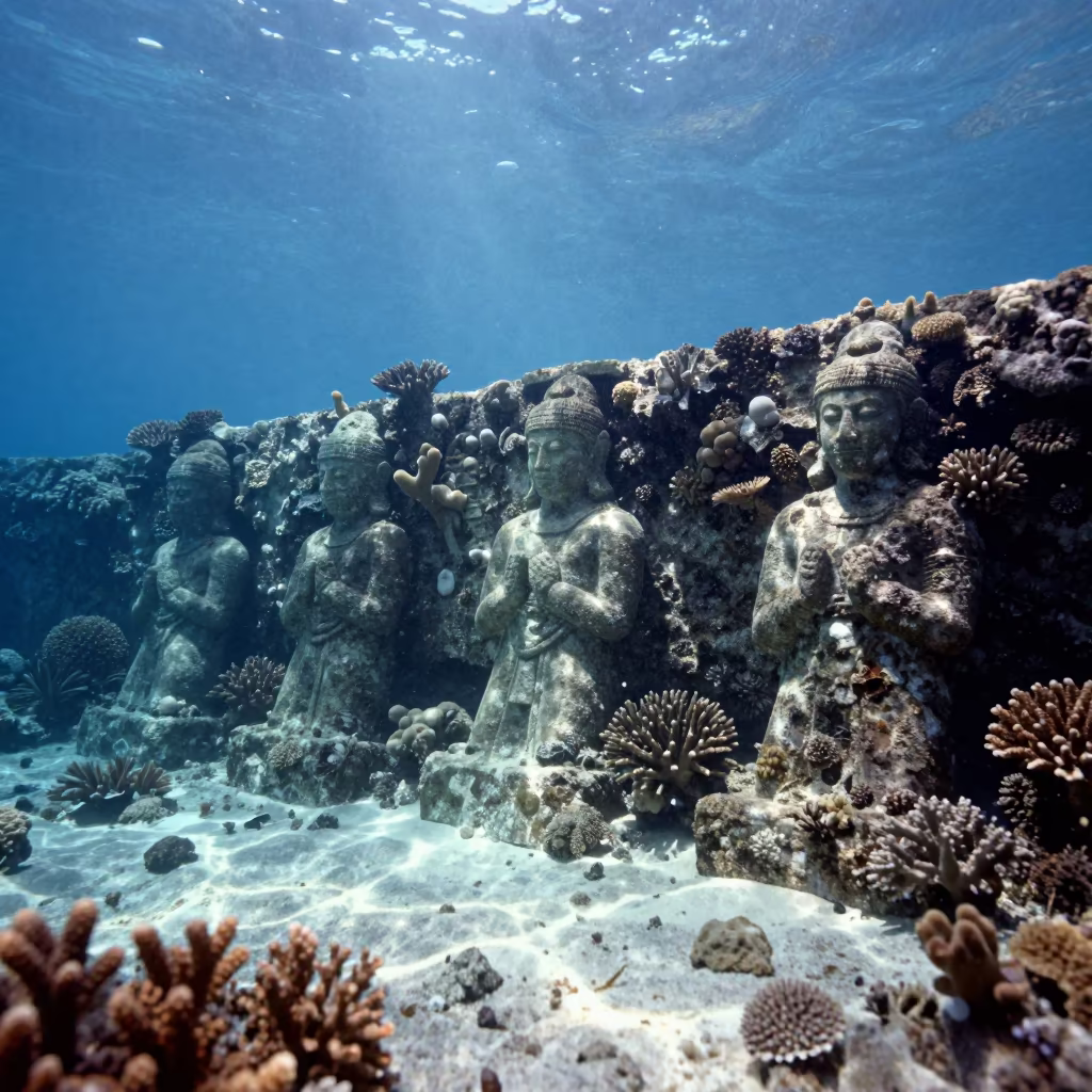 Coral Crowned Statue Garden in Blue Zanzibar Water in along a coral wall with blue water beyond near Zanzibar
