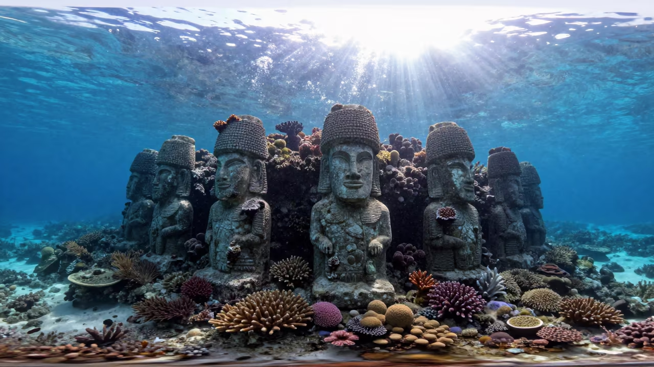 Coral Crowned Statue Garden Near Zanzibar in along a coral wall with blue water beyond near Zanzibar