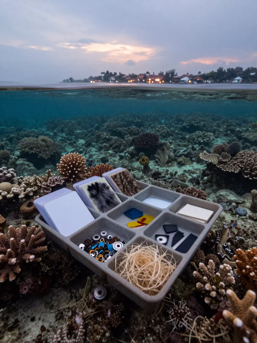 Coral Dip Tray Under Reef Ledge at Twilight in beneath a reef ledge in tropical shallows near Denpasar